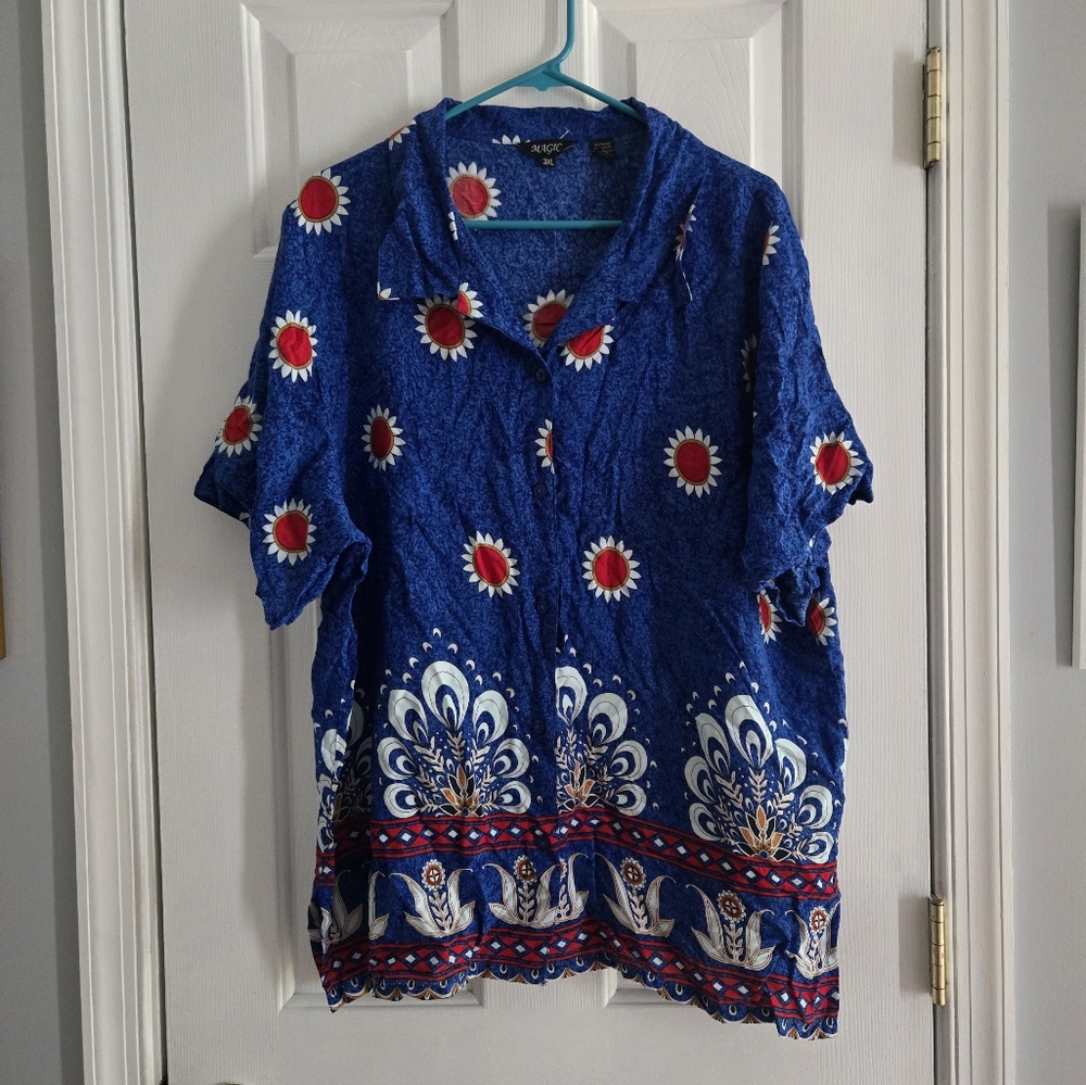 Blue Hawaiian Style Short Sleeve Plus Size Shirt